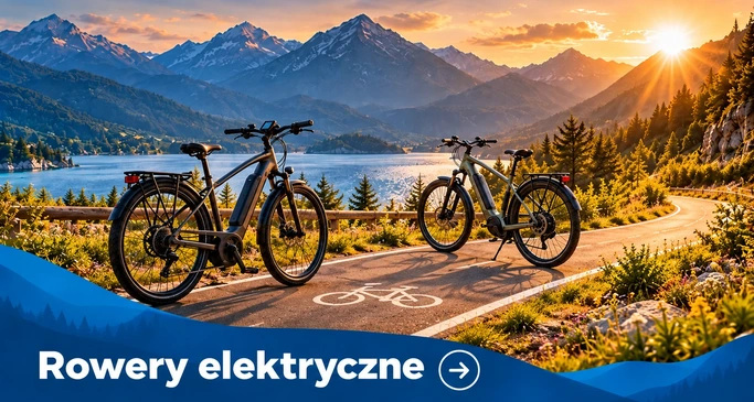 Rowery elektryczne — granatowe auto nad jeziorem i elektryczny rower na ścieżce